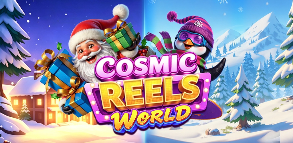 Cosmic Reels World — Santa and a snowboarding penguin over a bright snowy scene
