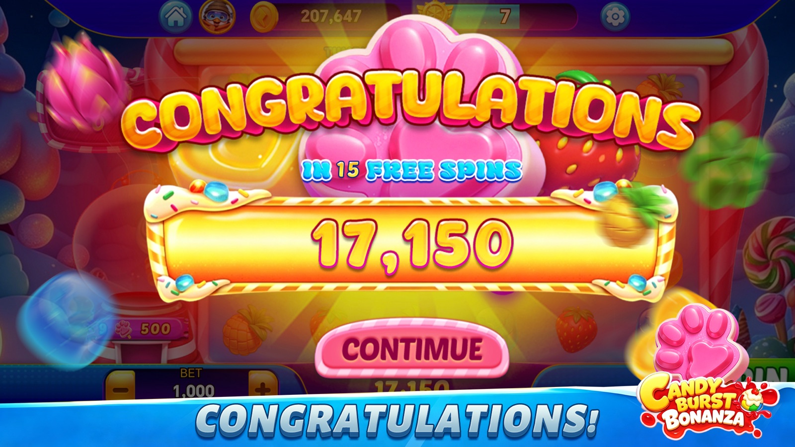 Candy Burst Bonanza congratulations screen awarding 17,150 in 15 free spins