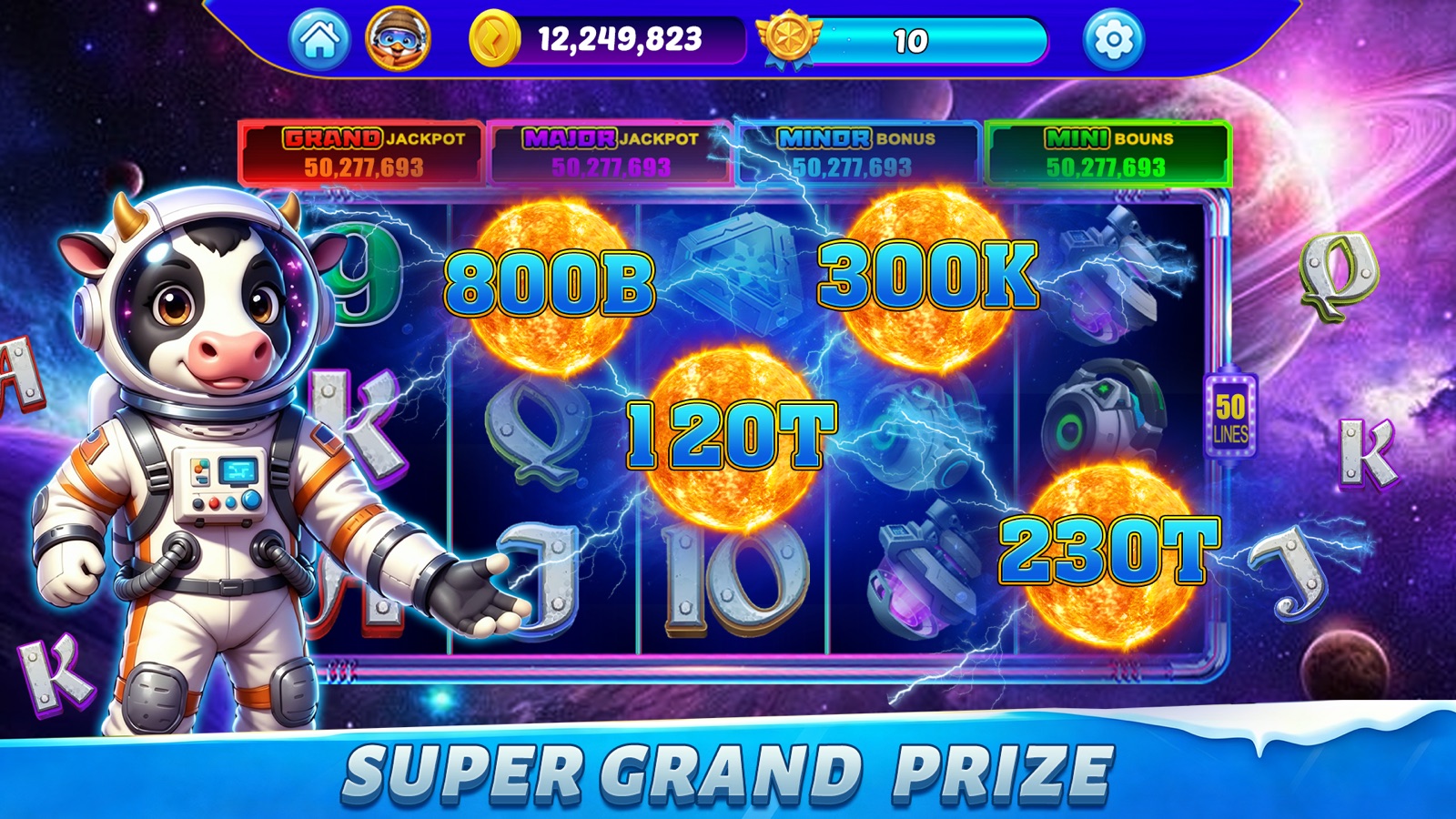 Super Grand Prize screen with an astronaut cow, 50 pay-lines and Grand, Major, Minor and Mini jackpot meters