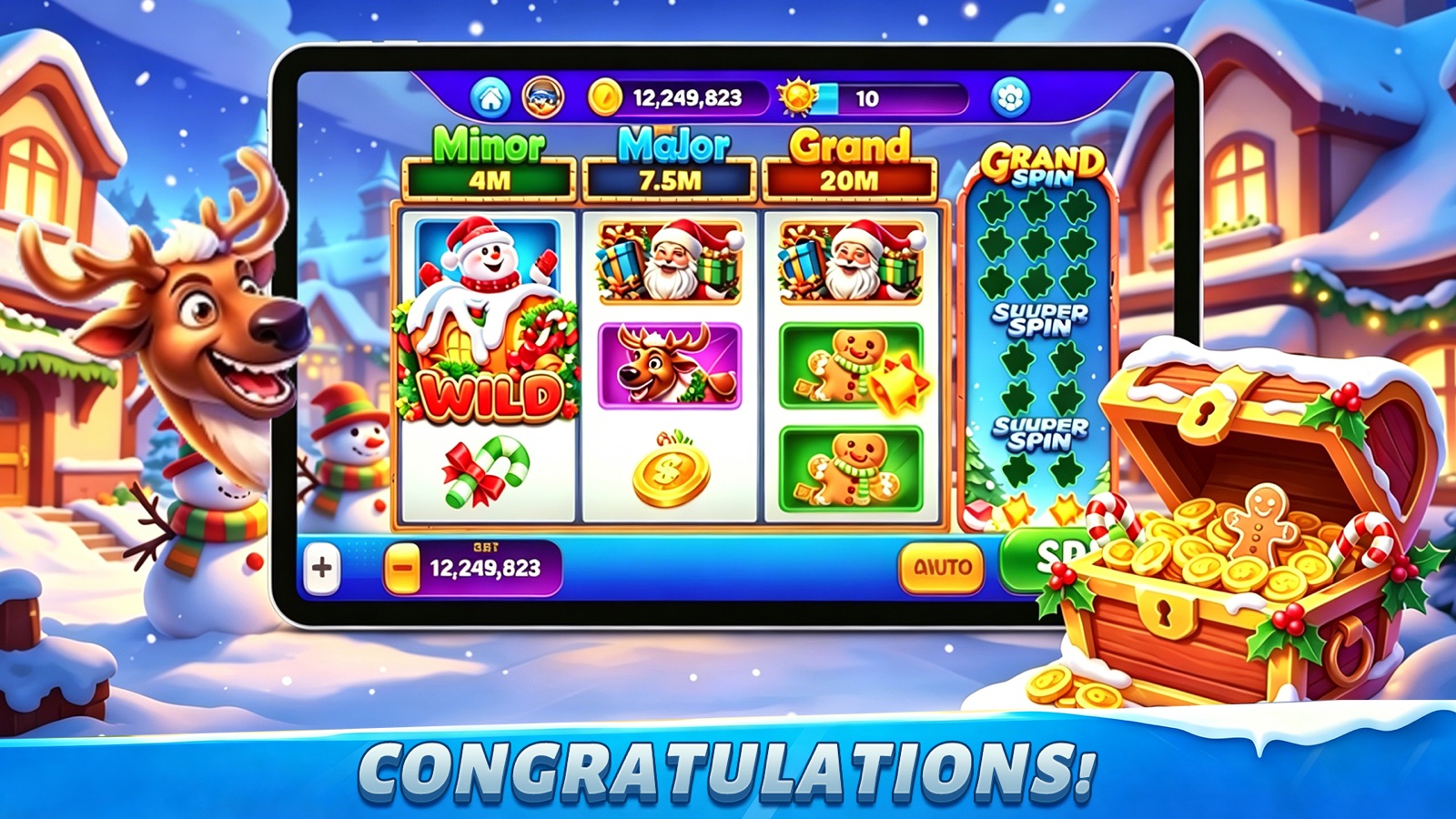 Festive holiday reels with Minor, Major and Grand jackpot meters, WILD symbol and a Grand Spin bonus track