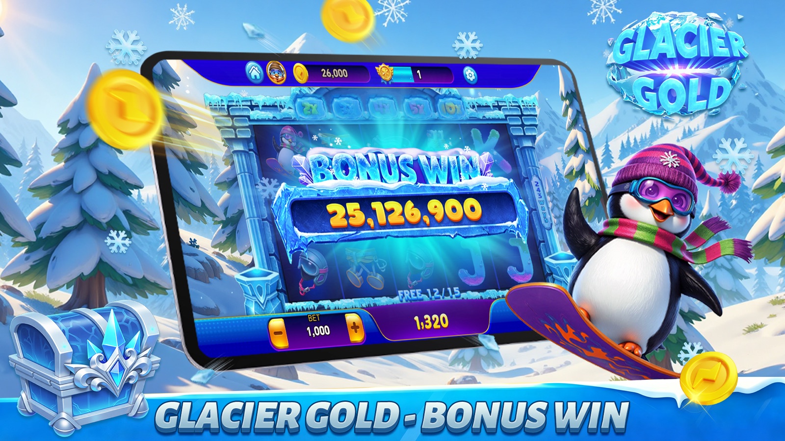 Glacier Gold bonus round showing a 25,126,900 Bonus Win with a snowboarding penguin on 243-Ways reels